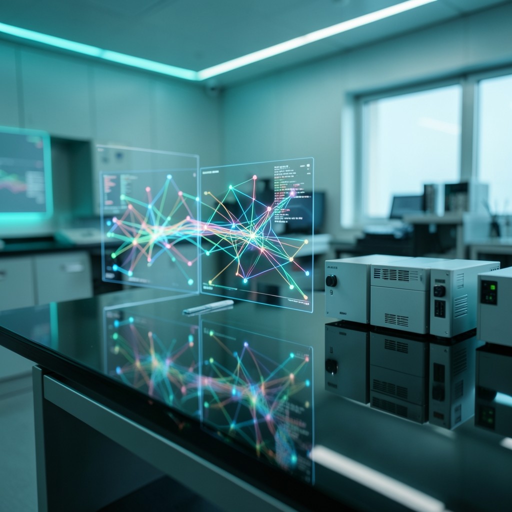 Modern blockchain research and educational analysis studio with illuminated network displays in Bangkok