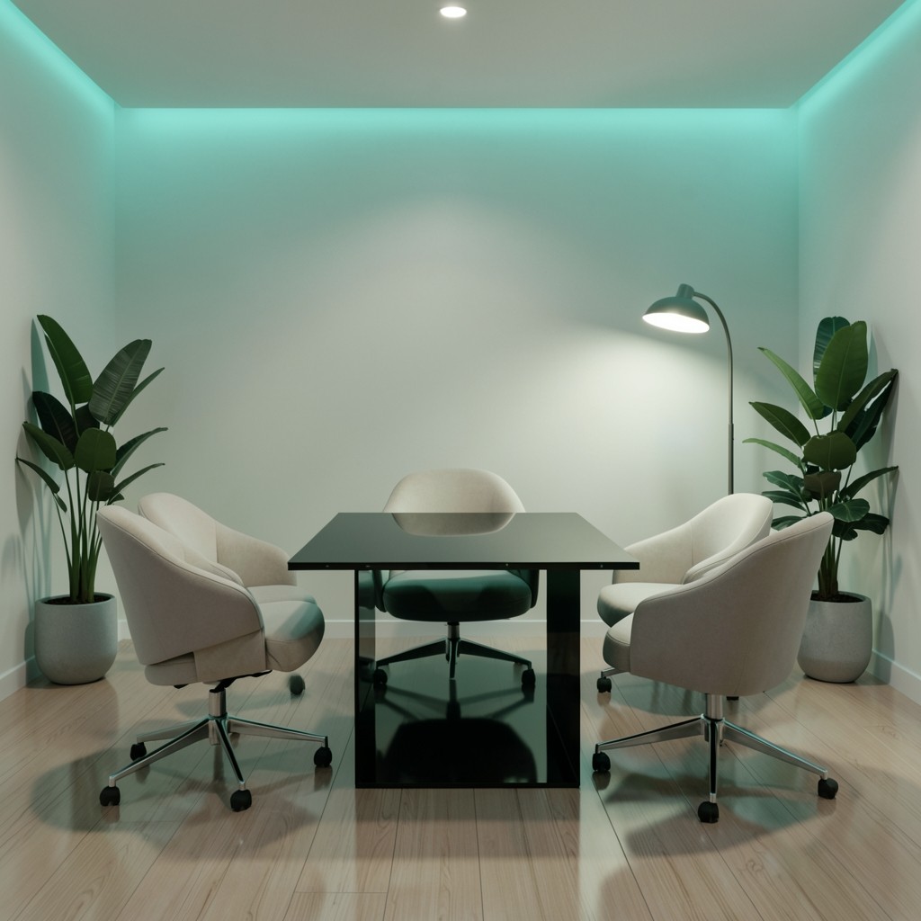 Modern private consultation room with dark glass table and subtle turquoise lighting