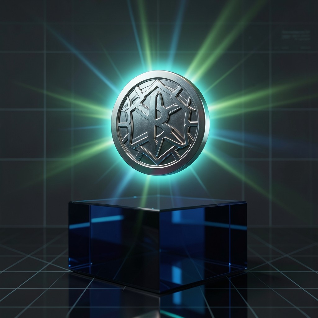 Futuristic cryptographic token with glowing turquoise and emerald green circuits on a dark navy pedestal