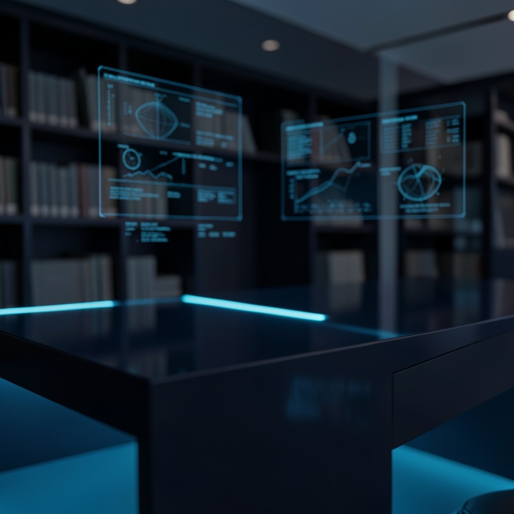Technical research library archive with illuminated holographic data charts