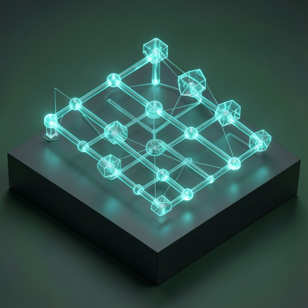 High-throughput blockchain architecture diagram and consensus validation console on reflective slate