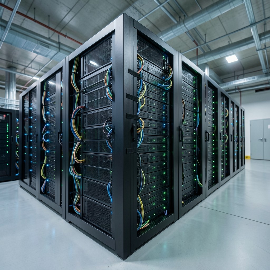 High-performance validator node server rack with cyan status indicators in secure facility